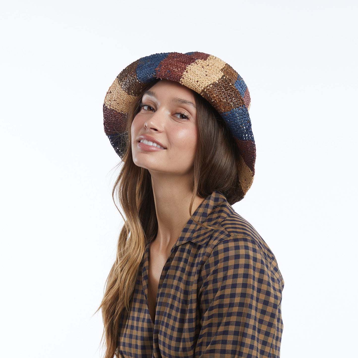 Bailey Raffia Bucket in Brown Navy Burgundy