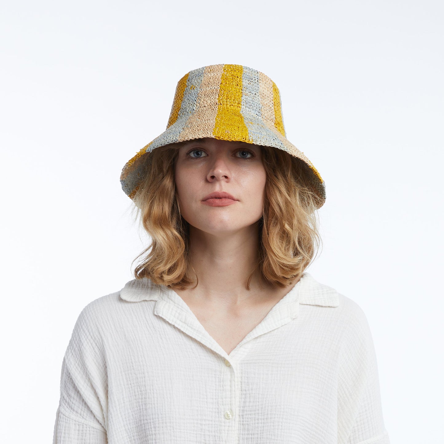 Bailey Raffia Bucket in Blue Yellow Natural