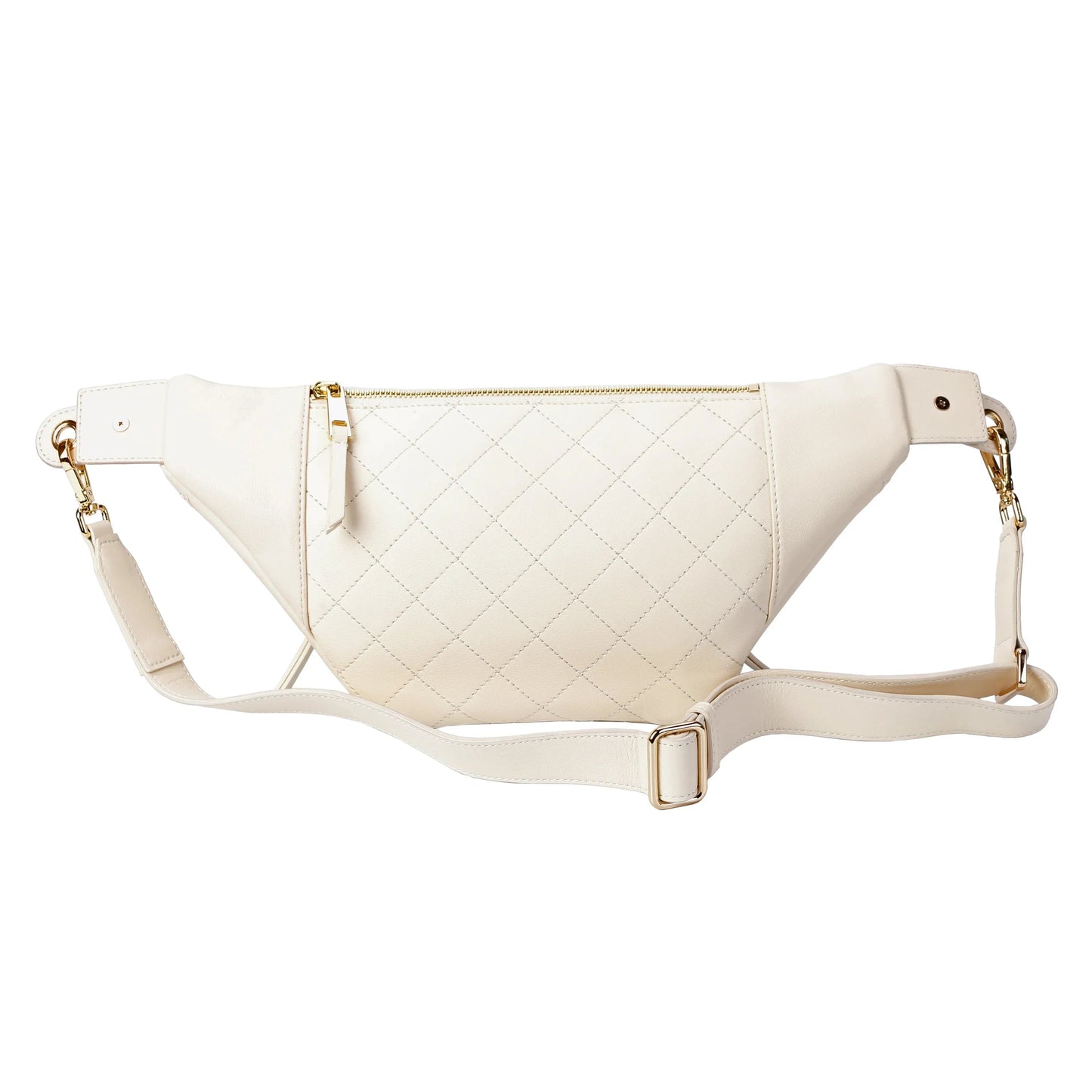 White Quilted Leather Belt Bag with Dual Top Zippers