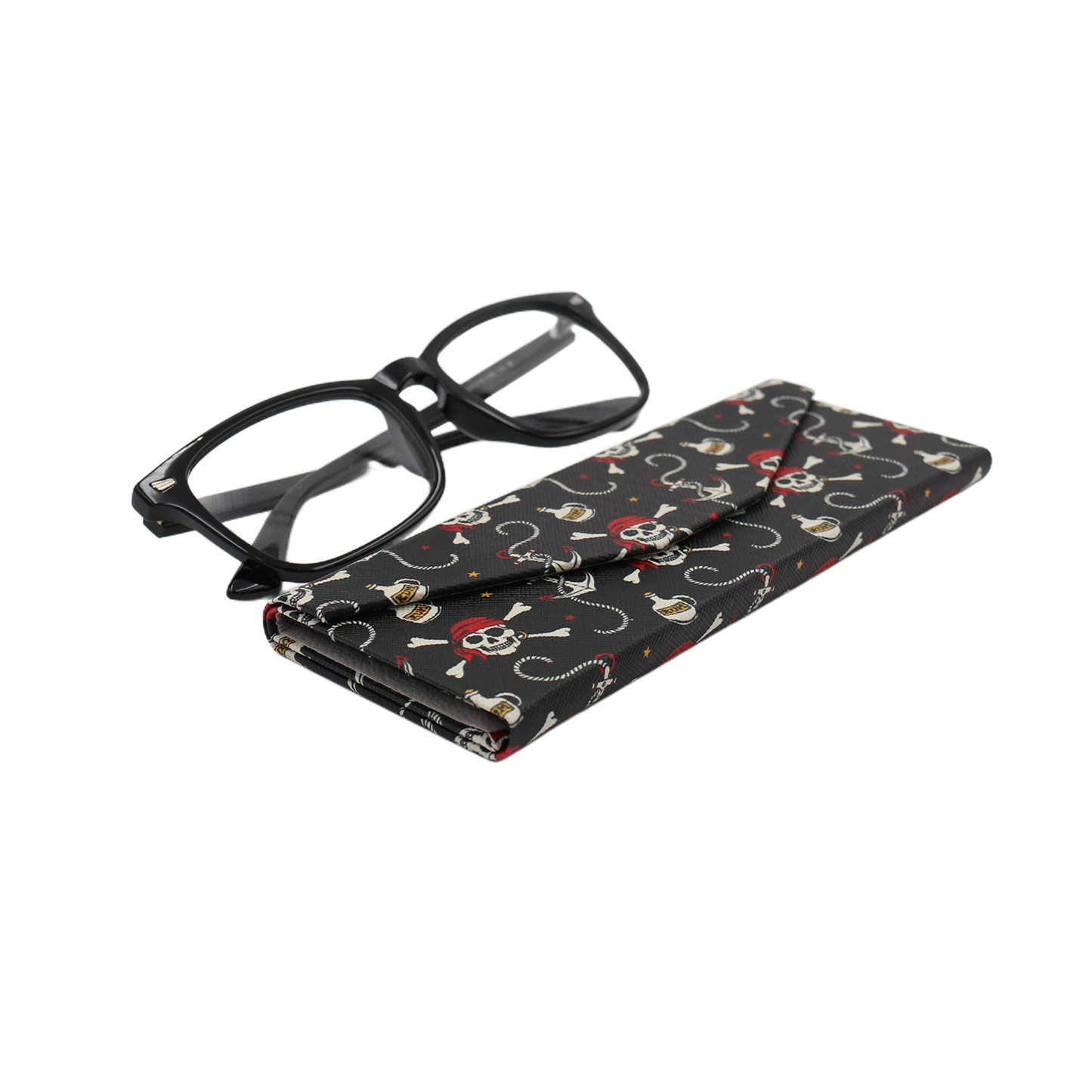 Pirate Skully / Jolly Roger Print Glasses Case - Vegan Leather Magic Folding Hard Case