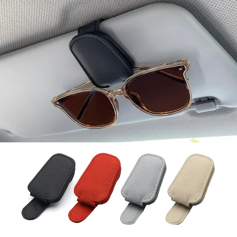 Universal Magnetic Car Sunglasses Holder – Foldable Leather Sun Visor Glasses & Card Ticket Clip