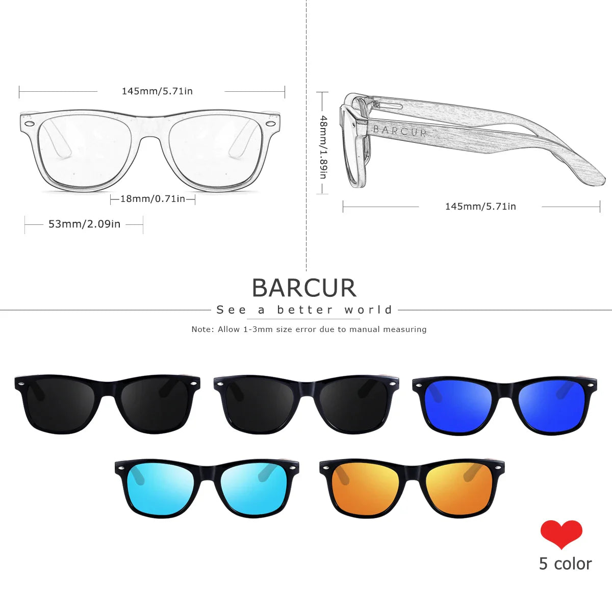 BARCUR Black Walnut Polarized Sunglasses for Men UV400 Sunscreen Protection Wooden Frame Polarized Lenses Presented in an Original Brand Box for Summer