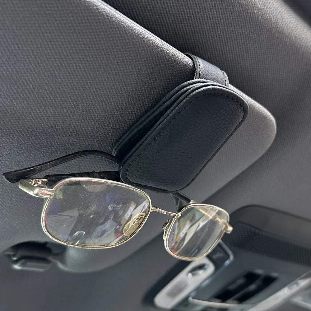 Universal Magnetic Car Sunglasses Holder – Foldable Leather Sun Visor Glasses & Card Ticket Clip
