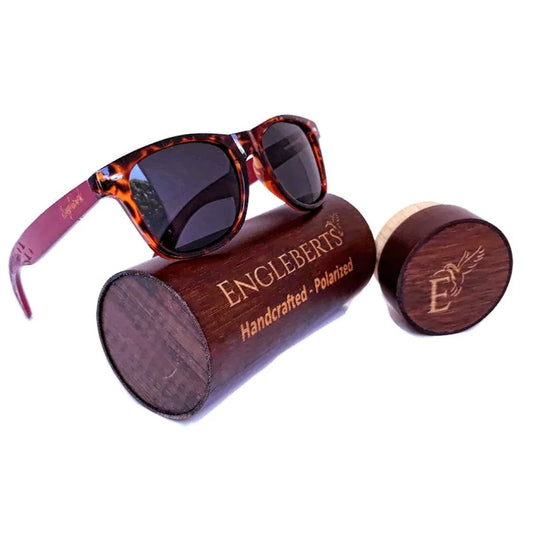 Red Bamboo Tortoise Framed Sunglasses With Wood Case / Artisan Engraved / 100% UV Protection