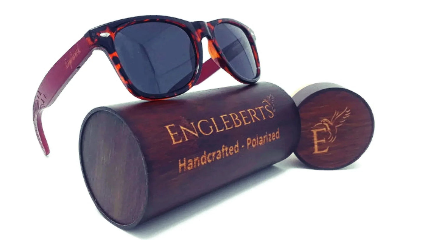 Red Bamboo Tortoise Framed Sunglasses With Wood Case / Artisan Engraved / 100% UV Protection