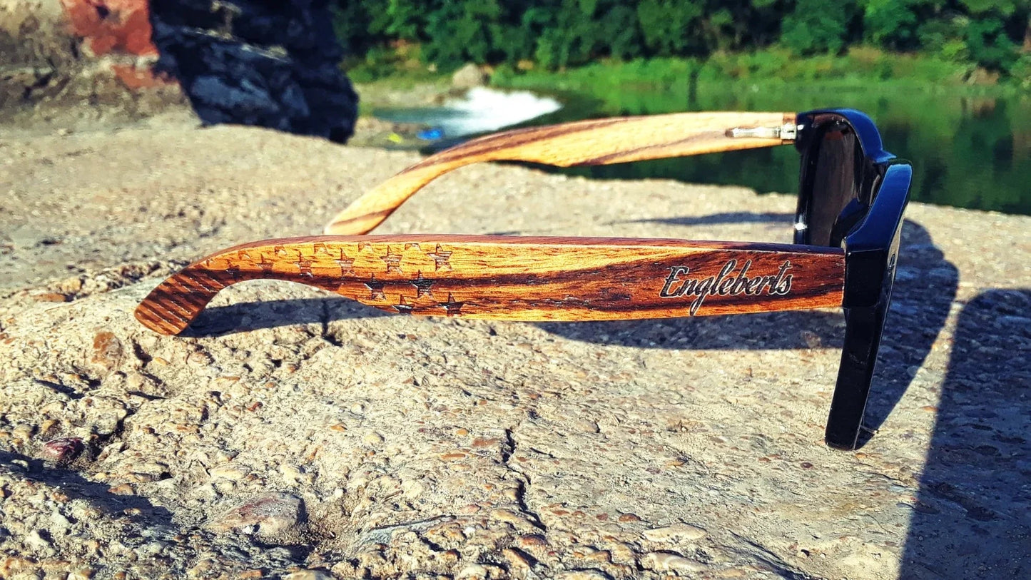 Zebrawood Sunglasses / Stars and Bars With Wooden Case / Polarized / Handcrafted