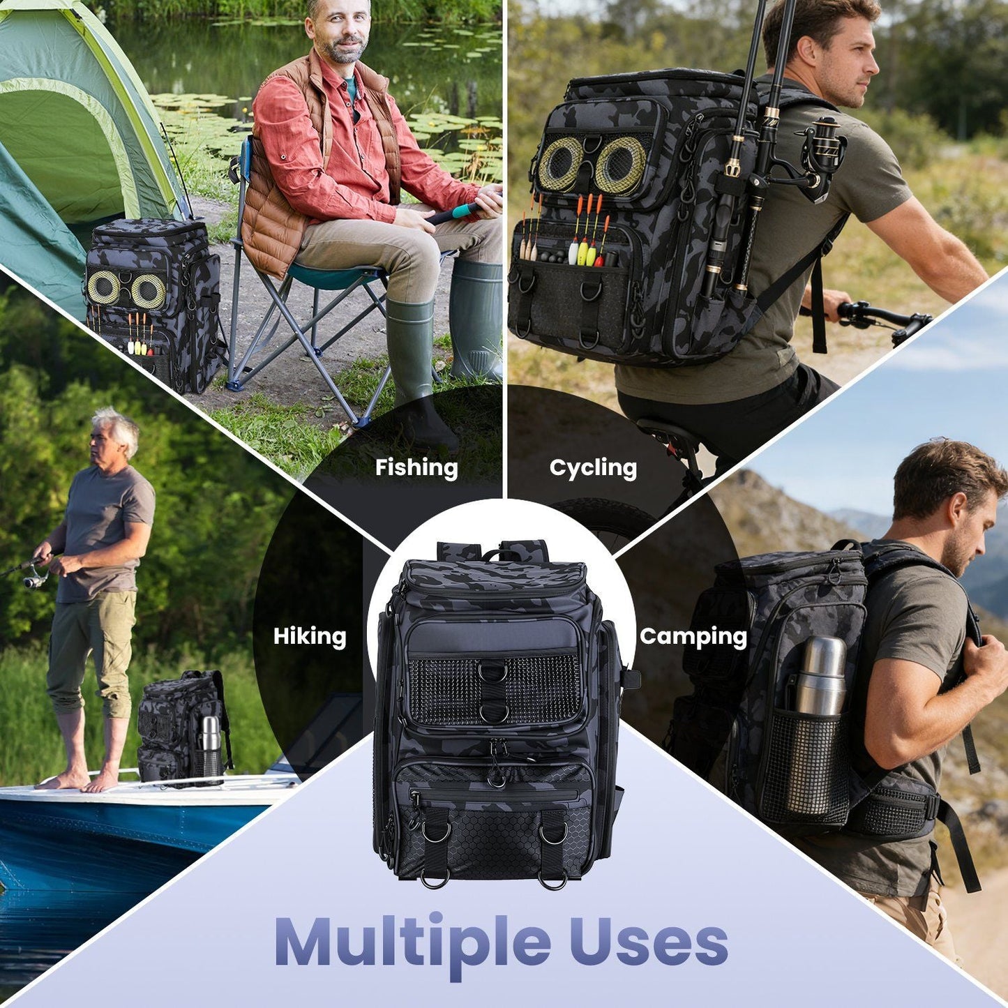 42L/11Gal Fishing Backpack Large Capacity Fishing Tackle Storage Bag with Rod Holders 16-Pocket Water-Resistant with Divider Adjustable Padded Straps for Fishing Gear Outdoor Camping Hiking