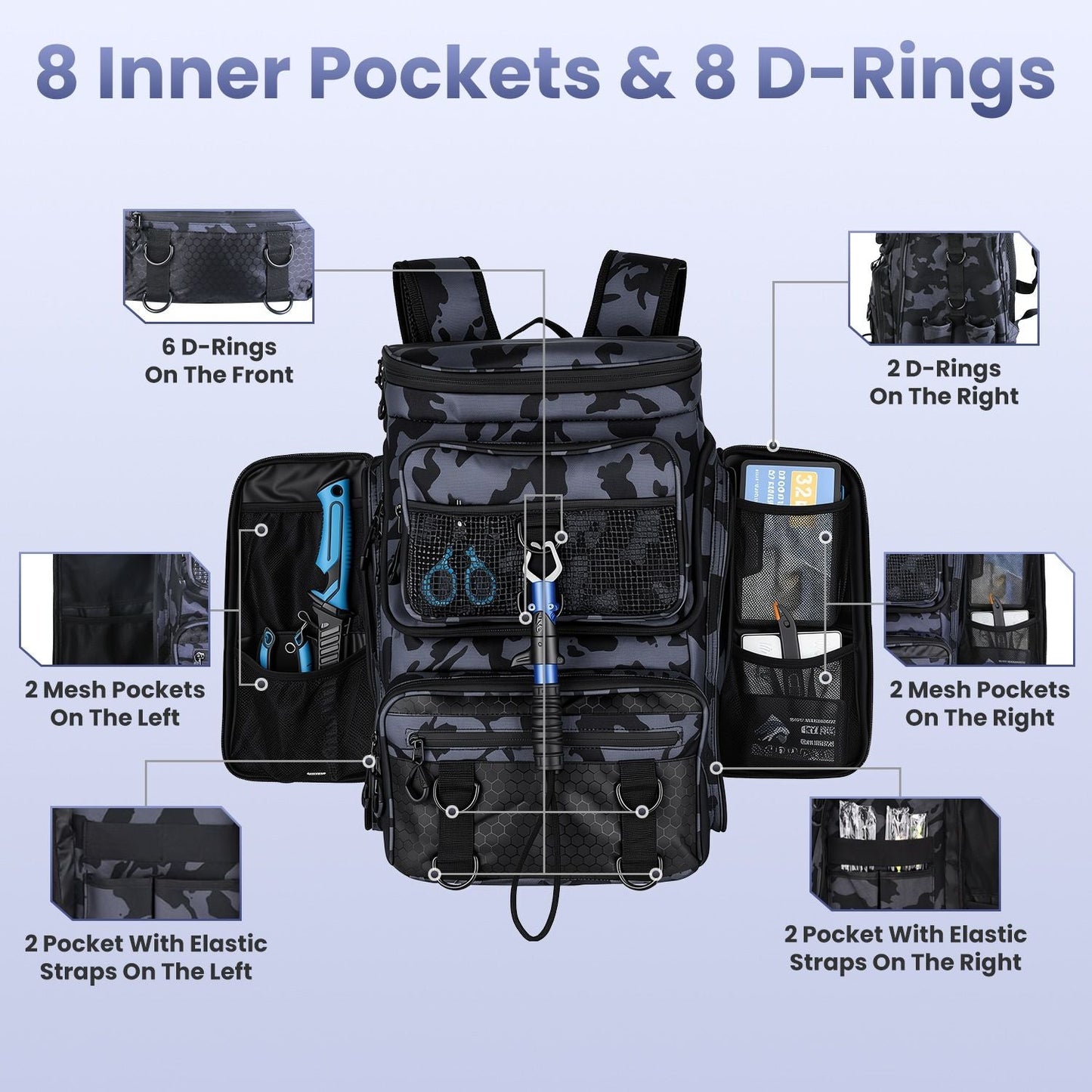 42L/11Gal Fishing Backpack Large Capacity Fishing Tackle Storage Bag with Rod Holders 16-Pocket Water-Resistant with Divider Adjustable Padded Straps for Fishing Gear Outdoor Camping Hiking