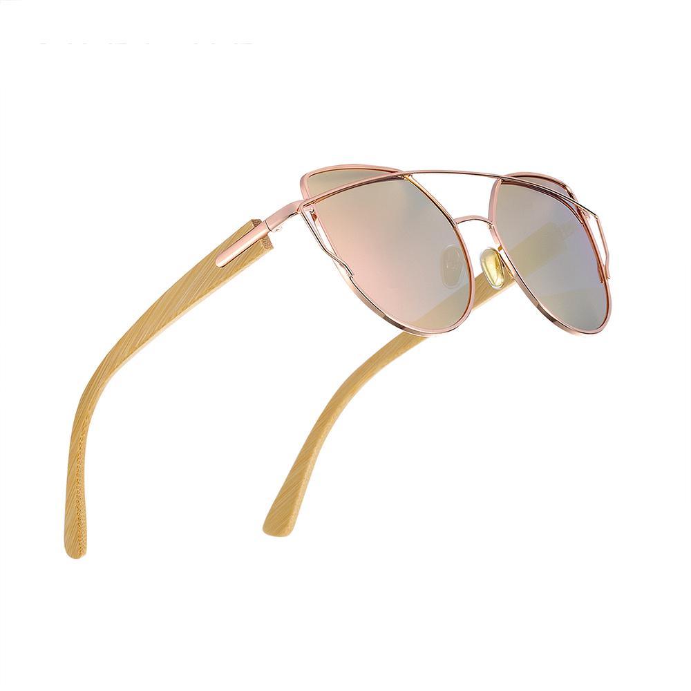 Modern Cat Eye Sunglasses for Women / Polarized Metal Frame / Natural Bamboo