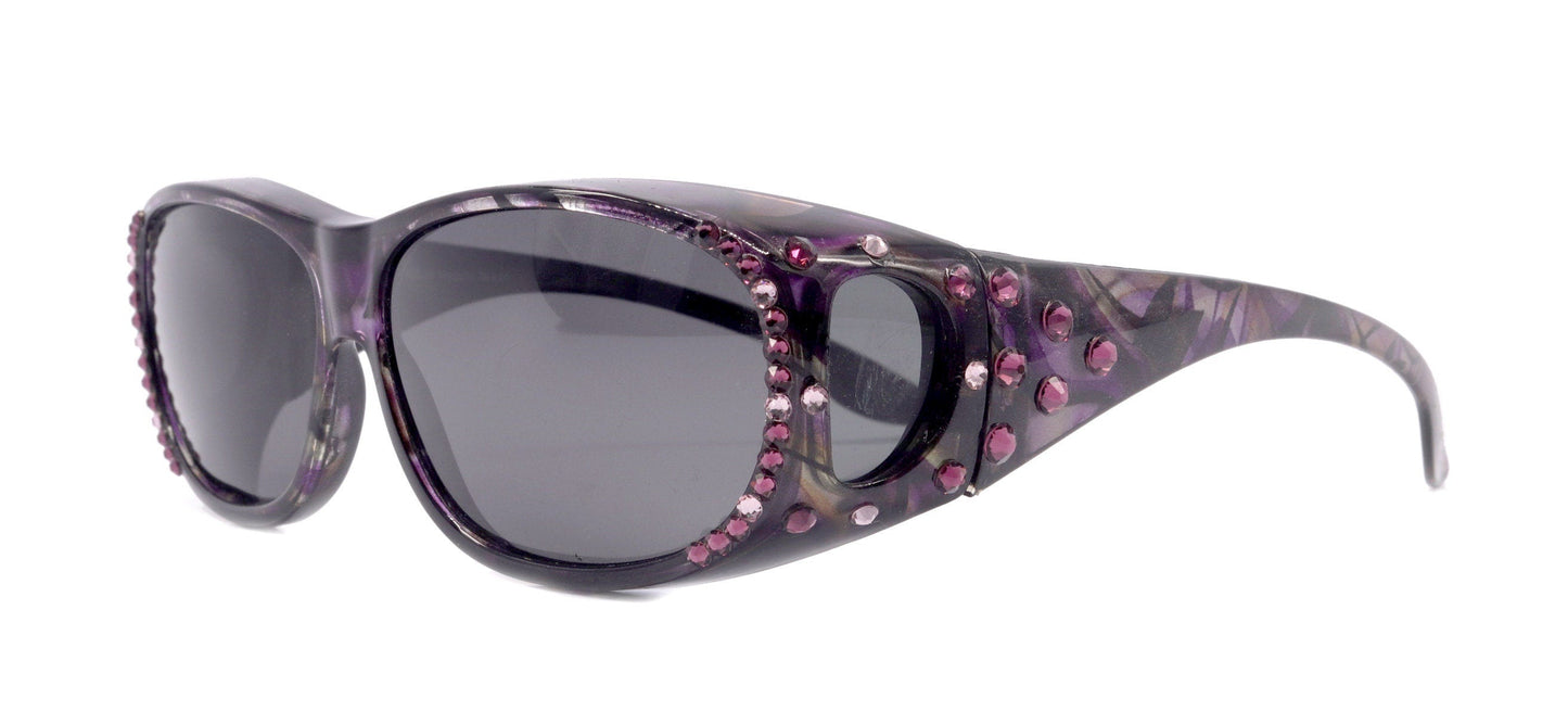 Explorer, (Bling) (Fit Over) Glasses W (Amethyst, L. Amethyst) Genuine European Crystals, Polarized Sunglasses  (Smoke Grey) NY Fifth Avenue