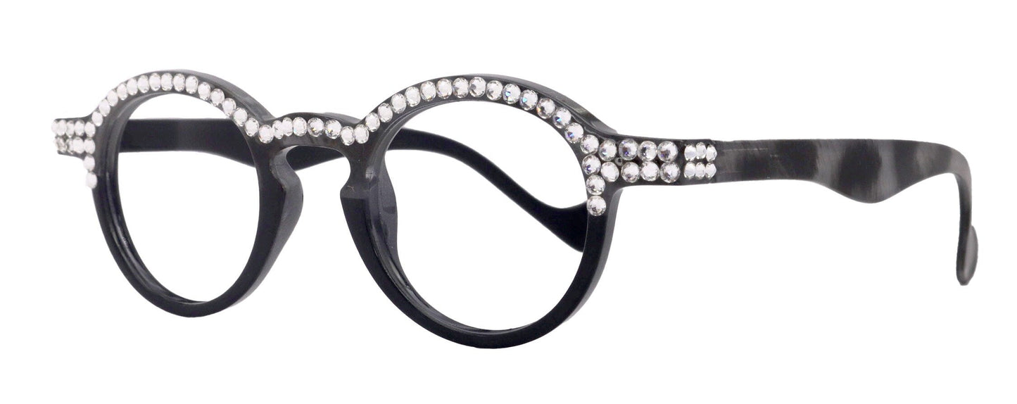 Orlando Bling Reading Glasses, W Full top Clear  European crystals, Magnifying Eyeglasses, (Black) (Round) NY Fifth Avenue