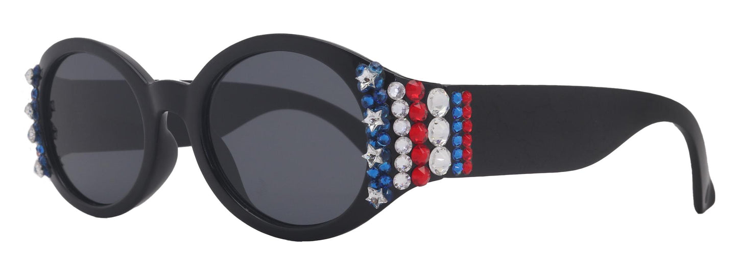 Freedom Shine, Bling Women’s Sunglasses with Genuine European Crystals, US Flag Colors,  Oval Frame, NY Fifth Avenue