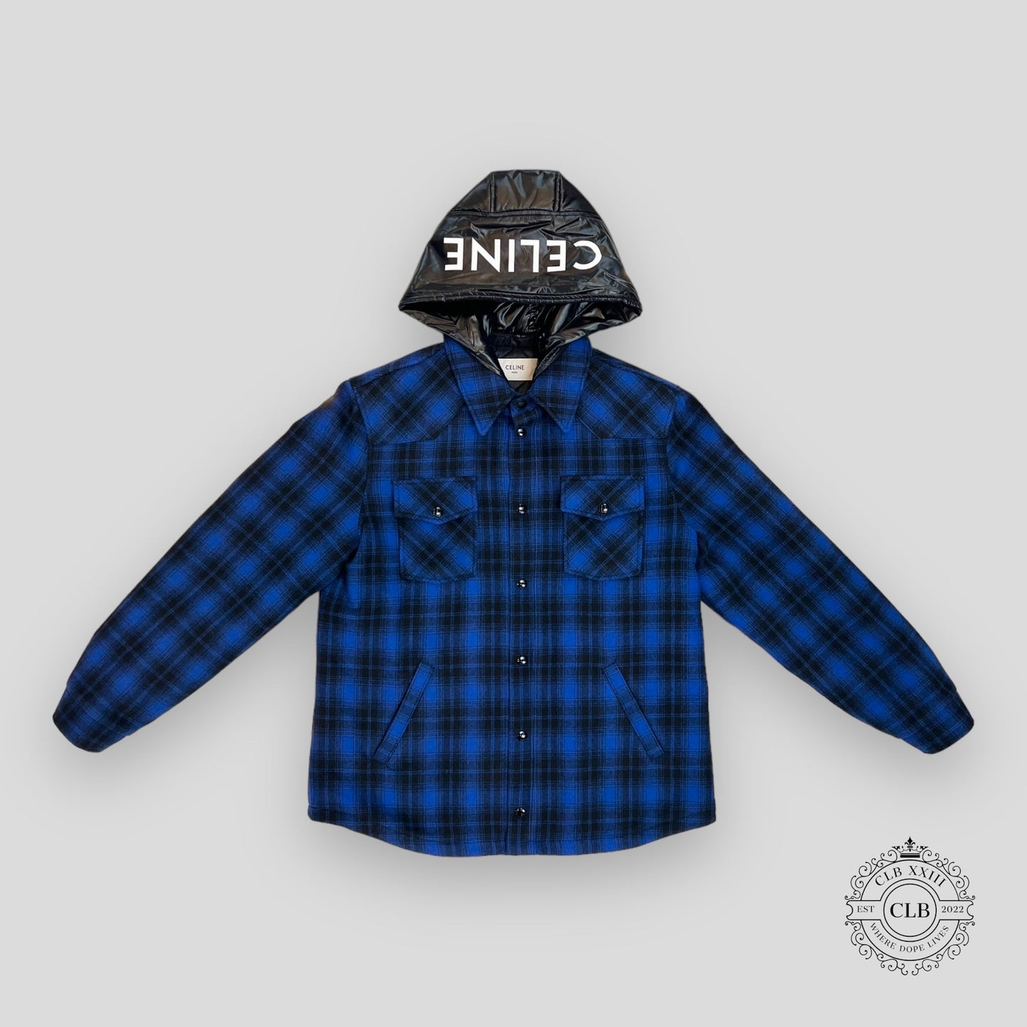 Celine Homme Logo Nylon Trim Flannel Hooded Overshirt in Blue