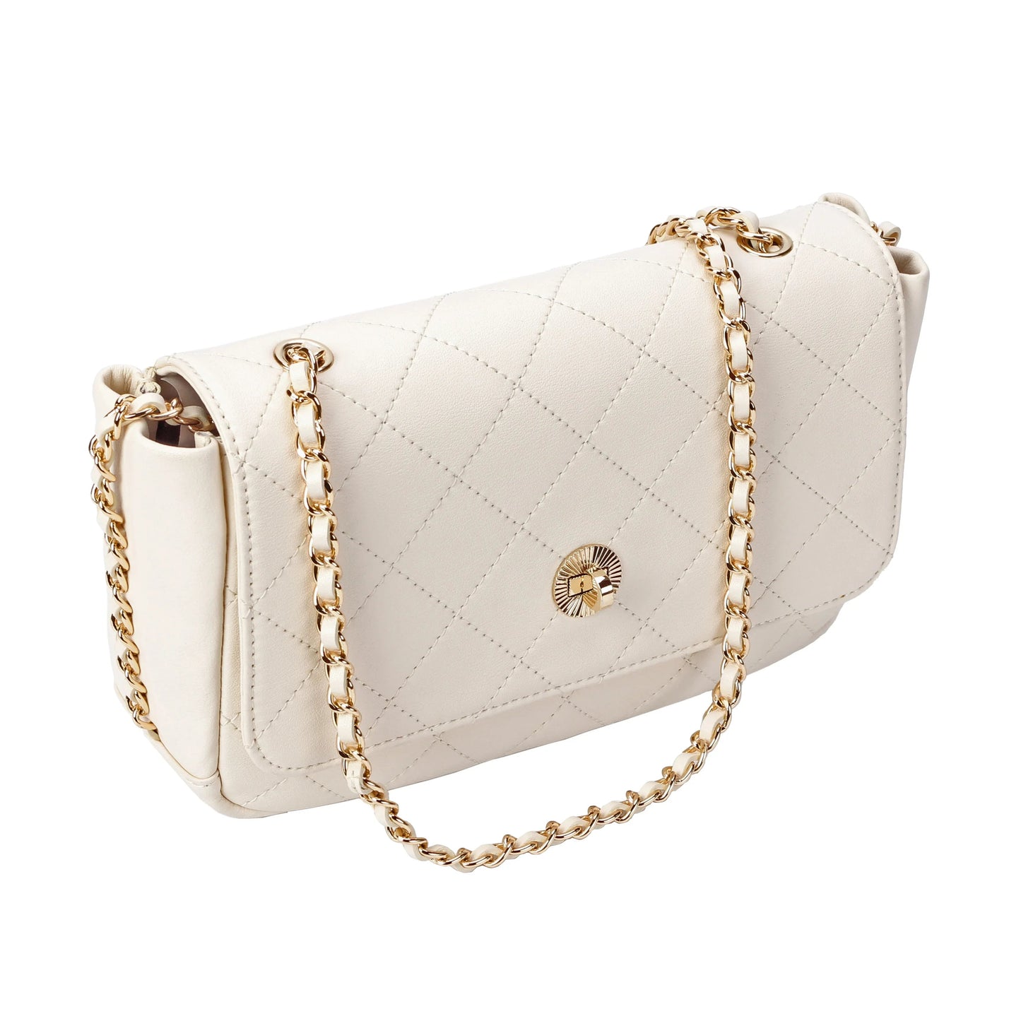 Ivory Quilted Leather Crossbody Bag with Gold Chain Strap