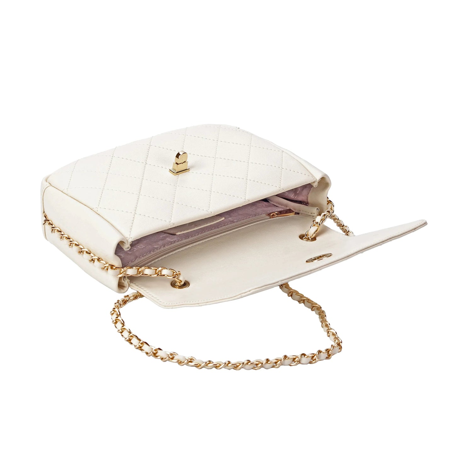 Ivory Quilted Leather Crossbody Bag with Gold Chain Strap