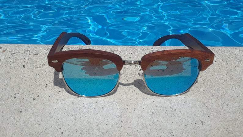 Brazilian Pear Wood Sunglasses / Ice Blue Polarized Lenses / Handcrafted / 100% UV Protection