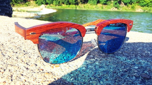 Brazilian Pear Wood Sunglasses / Ice Blue Polarized Lenses / Handcrafted / 100% UV Protection