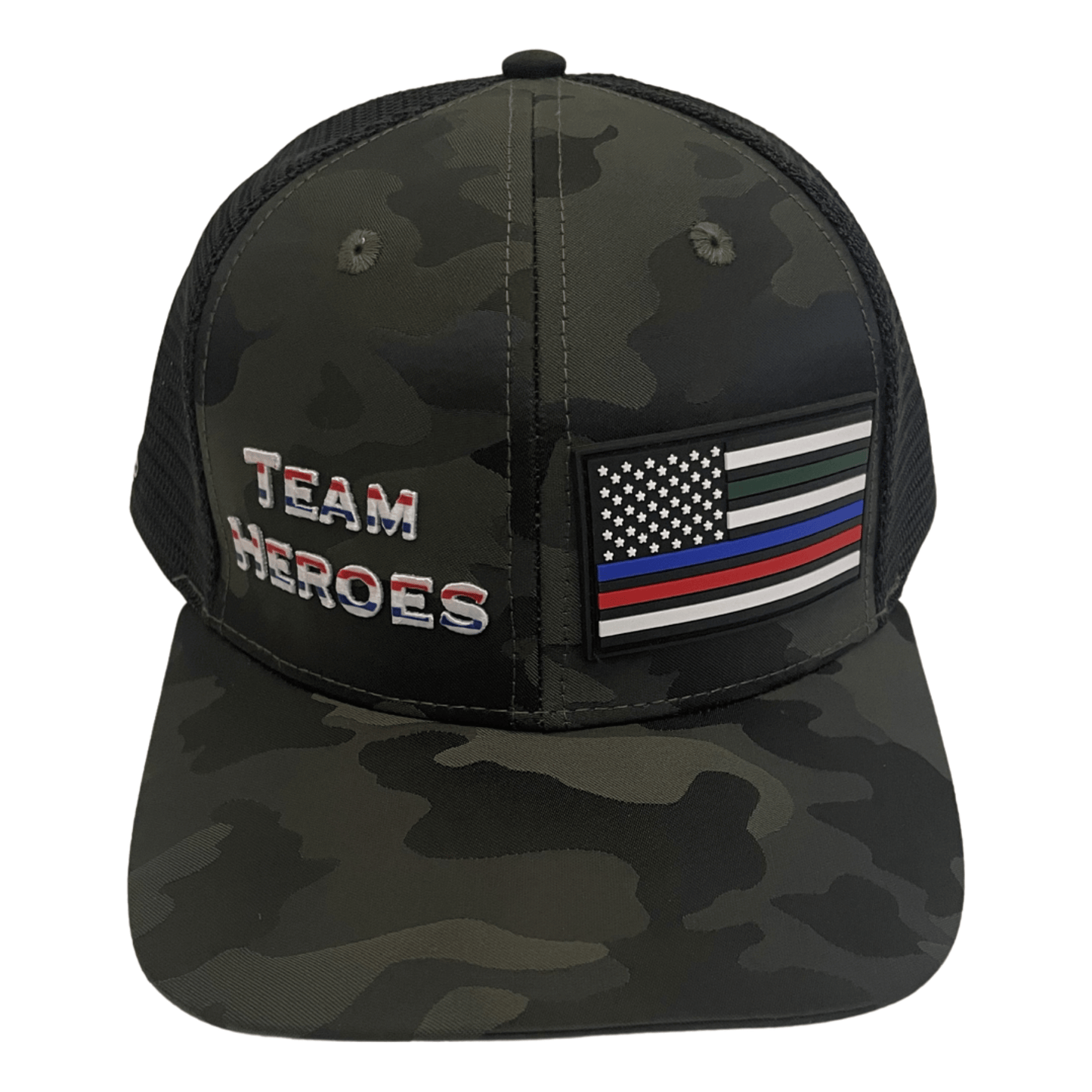 Team Heroes Hat - Baseball Hat Fit - Green Camo / Black - Trucker Mesh