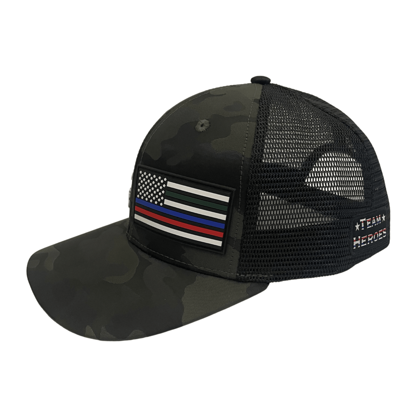Team Heroes Hat - Baseball Hat Fit - Green Camo / Black - Trucker Mesh