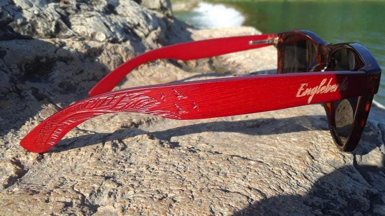 Red Bamboo Tortoise Framed Sunglasses With Wood Case / Artisan Engraved / 100% UV Protection