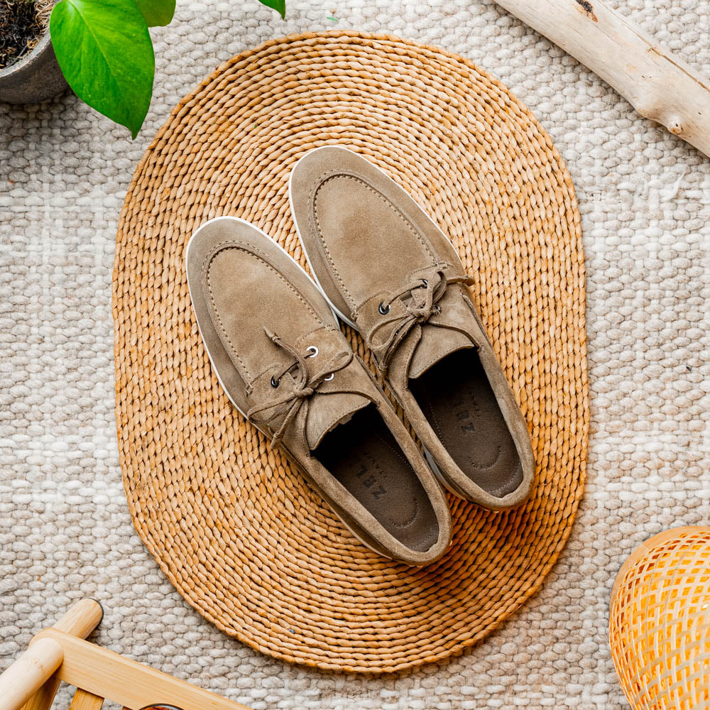 16-675-TPE VENICE Italian Sueded Goatskin Boat Shoes, Taupe