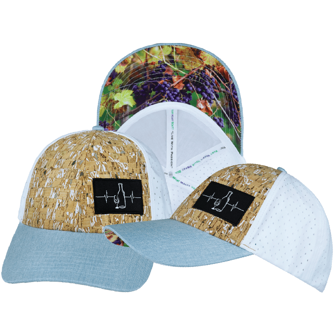Wine Hat - Low Profile - Ponytail - Cork - Baby Blue / White - Laser Mesh