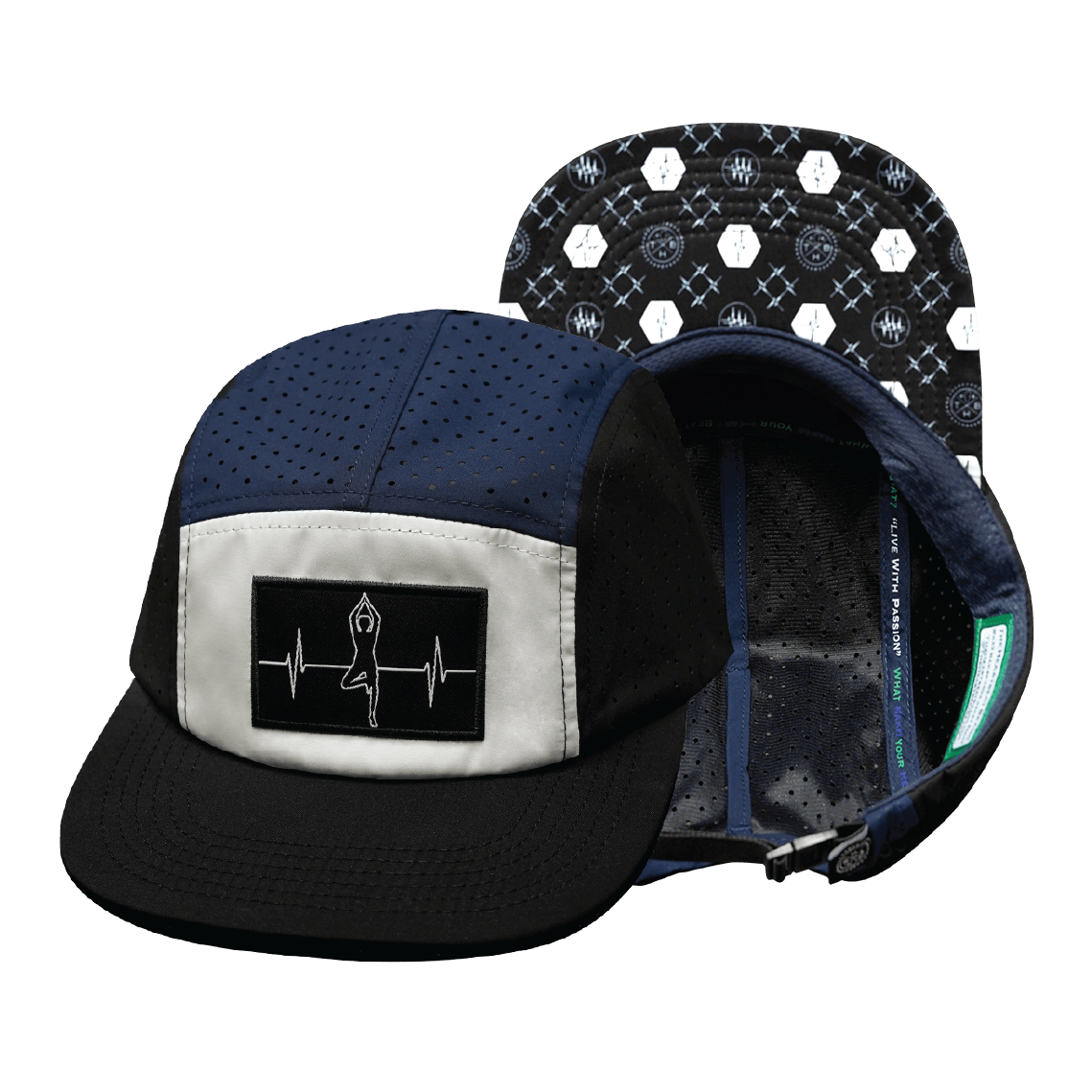 Yoga Hat - 5 Panel - Ponytail - Black / White / Navy - Laser Mesh
