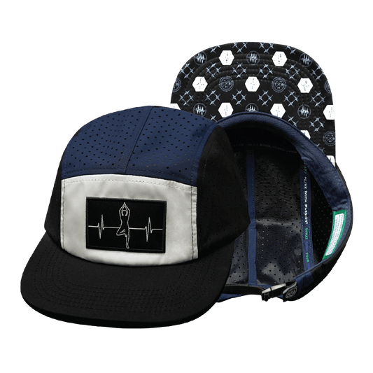 Yoga Hat - 5 Panel - Ponytail - Black / White / Navy - Laser Mesh