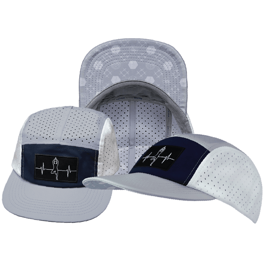 Yoga Hat - 5 Panel - Ponytail - Gray / Navy / White - Laser Mesh