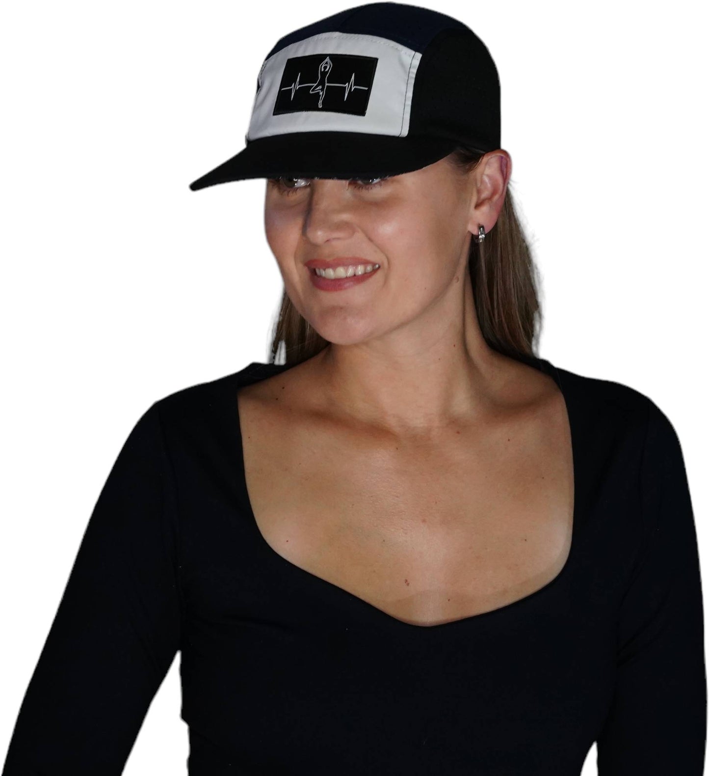 Yoga Hat - 5 Panel - Ponytail - Black / White / Navy - Laser Mesh
