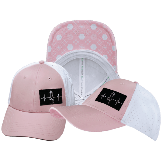 Yoga Hat - Low Profile - Ponytail - Pink / White - Laser Mesh