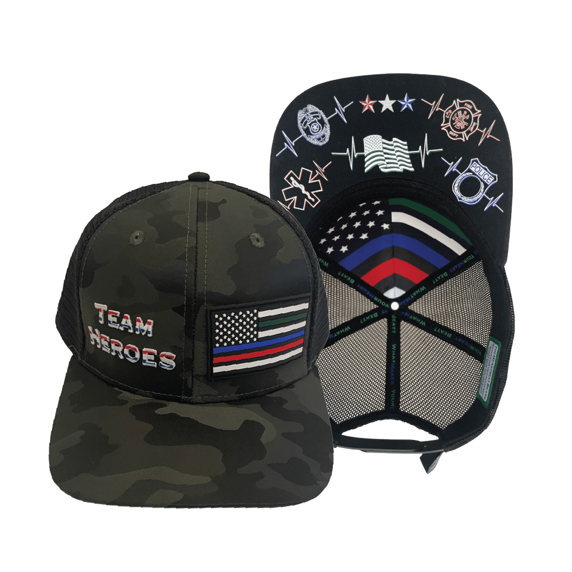 **YOUTH** Team Heroes Hat - Baseball Hat Fit - Green Camo / Black - Trucker Mesh